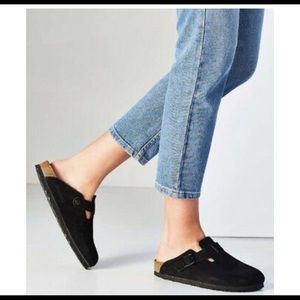 Black suede closed toe Birkenstock’s